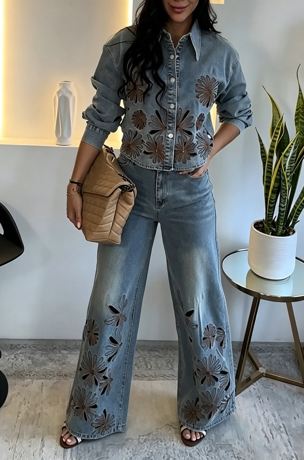 Women's Casual Embroidery Cut-Out Denim Shirt or Wide Leg Jeans