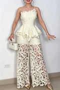 Women's Elegant Lace Cut-Out Ruffle Hem Vest Pants Two-Piece Set