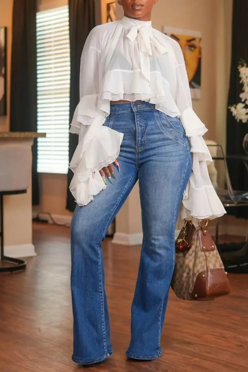 Women's Elegant Tiered Flounce Sleeve Blouse or Wide Leg Jeans