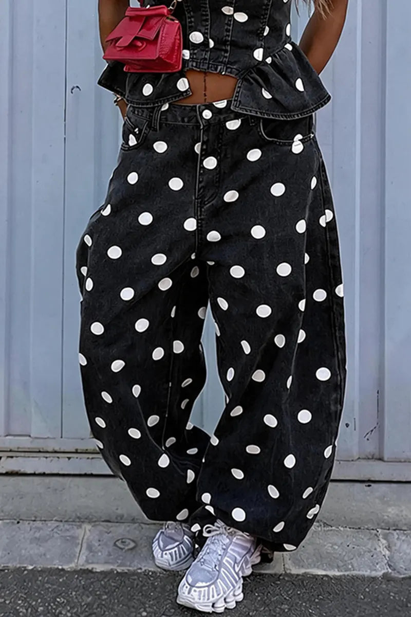 Women's Casual Polka Dot Flounce Hem Denim Vest or Wide Leg Jeans