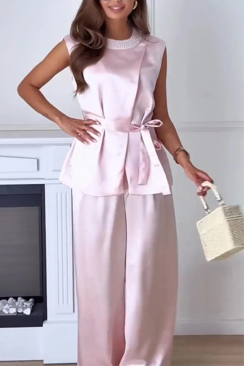 Women's Round Neck Sleeveless Waistband Top+ Pants Satin Casual Suit