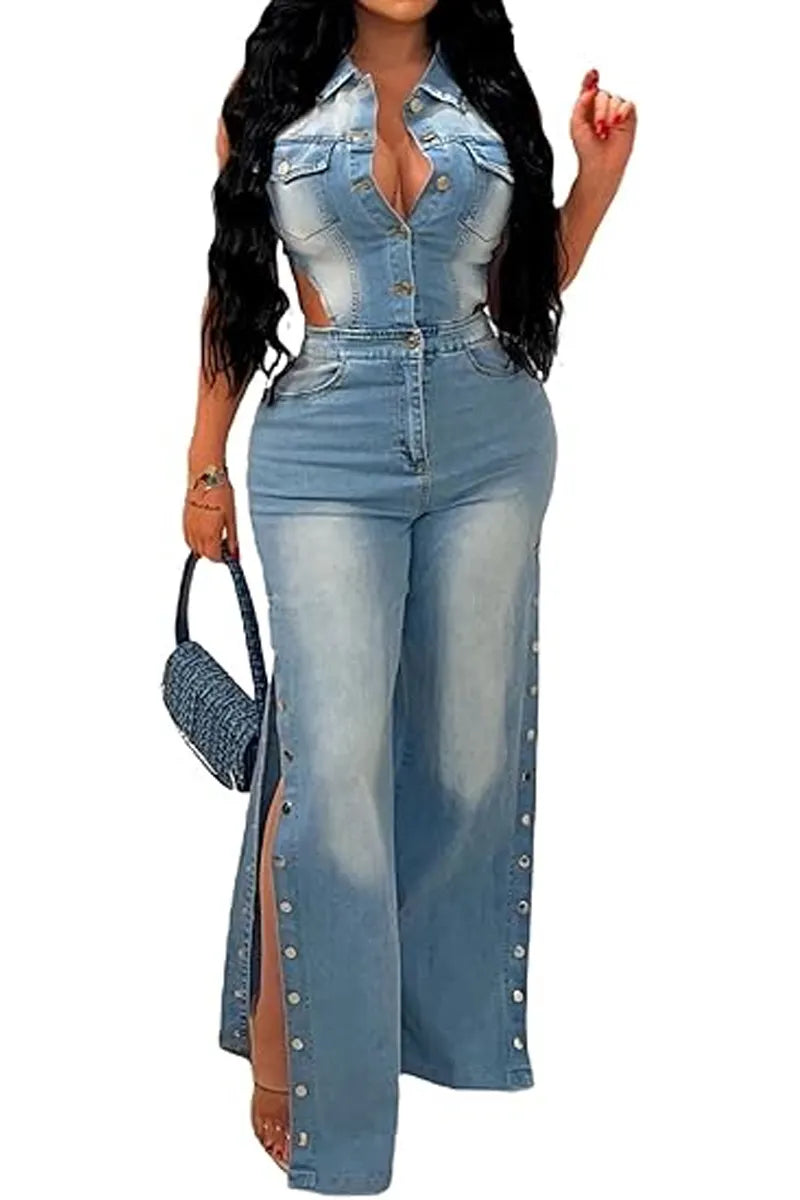 Hot Selling Women's Sexy Off Shoulder Denim Workwear Jumpsuit Wide Leg Jeans Jumpsuit