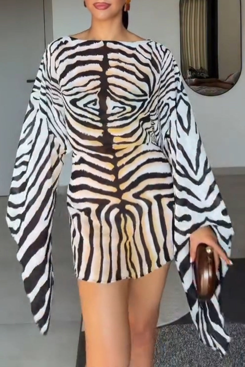 Women's Elegant Flowing Sleeve Zebra Pattern Mini Dress