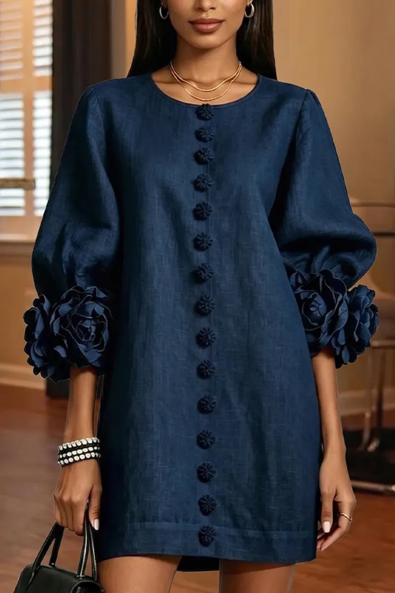 Women's Elegant Cuff Flower Decoration Loose Mini Dress