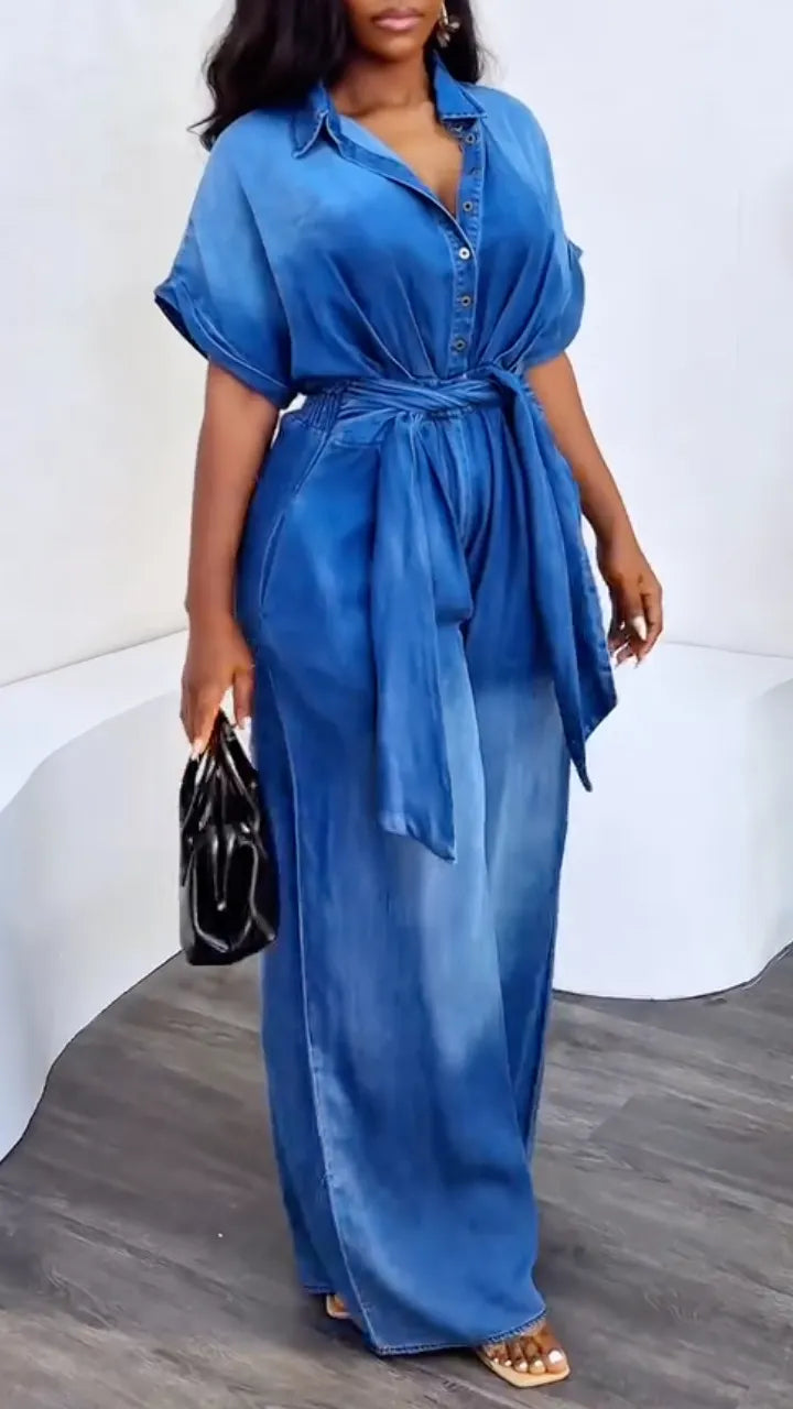 Women's Collared Tie-up Thin Denim Jumpsuit