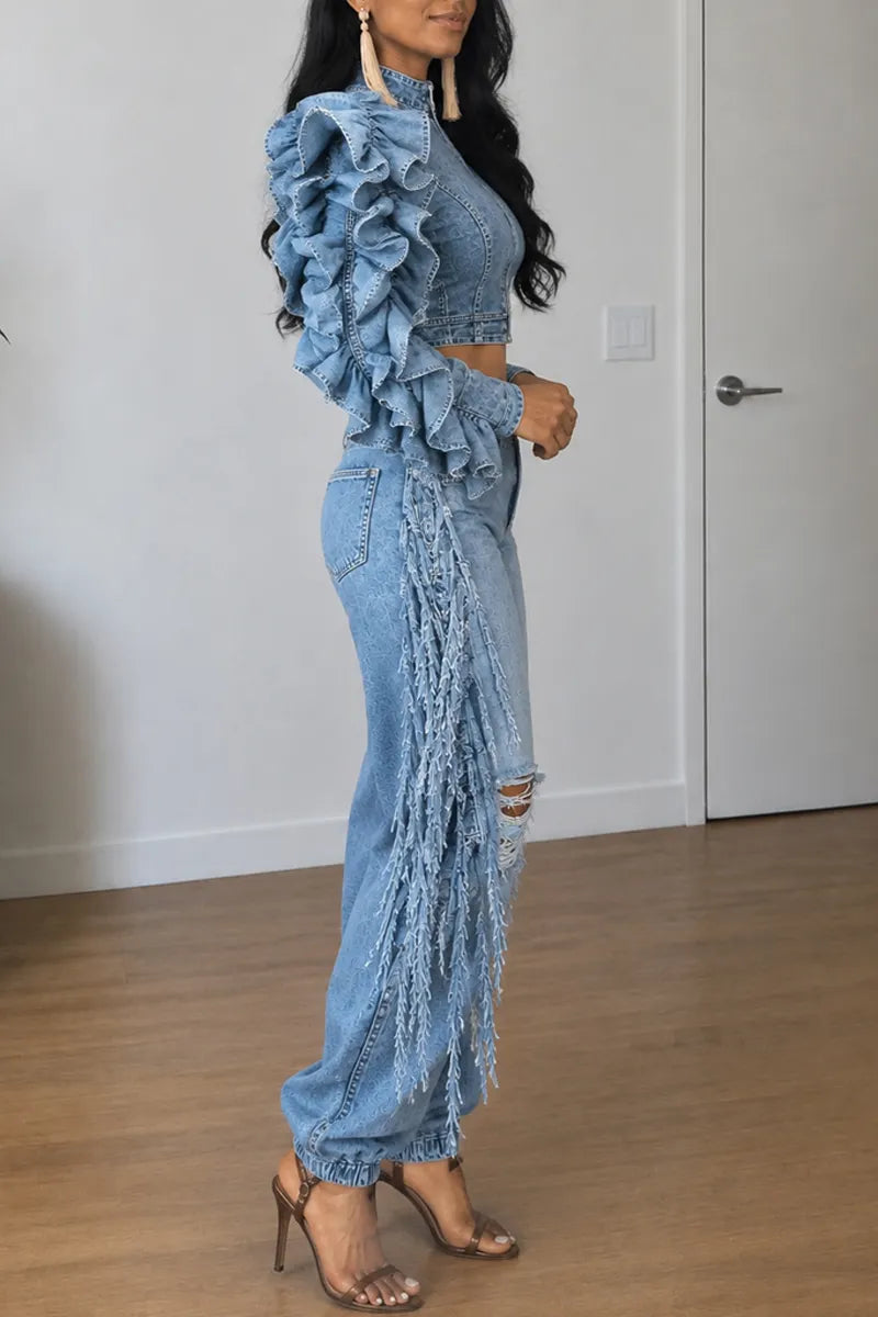 Women's Chic Ruffle Sleeve Distressed Fringe Light Blue Denim Jacket or Jeans