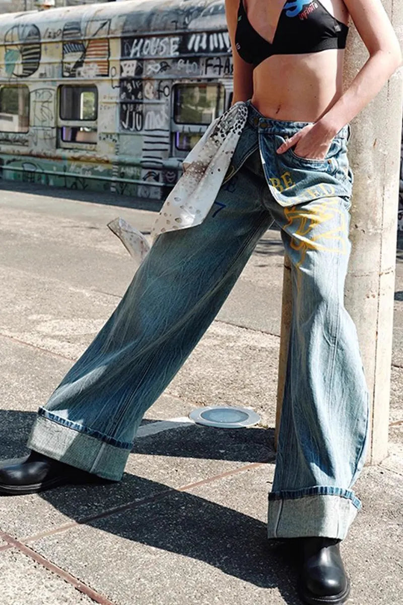 Ladies' Street Double Waist Panel Print Denim Jeans