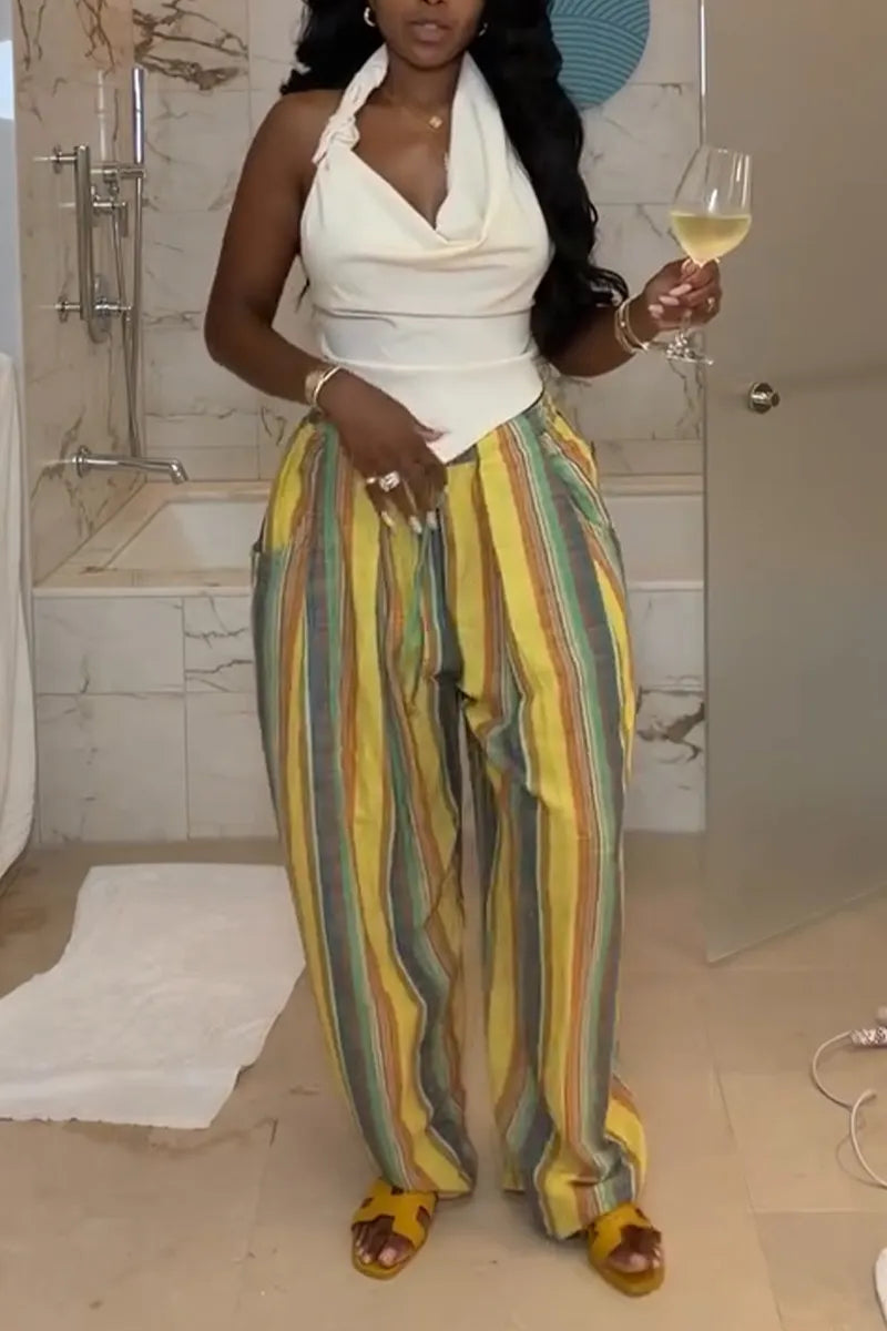 Women's Halter-neck Irregular Tops or Colorful Contrasting Casual Pants