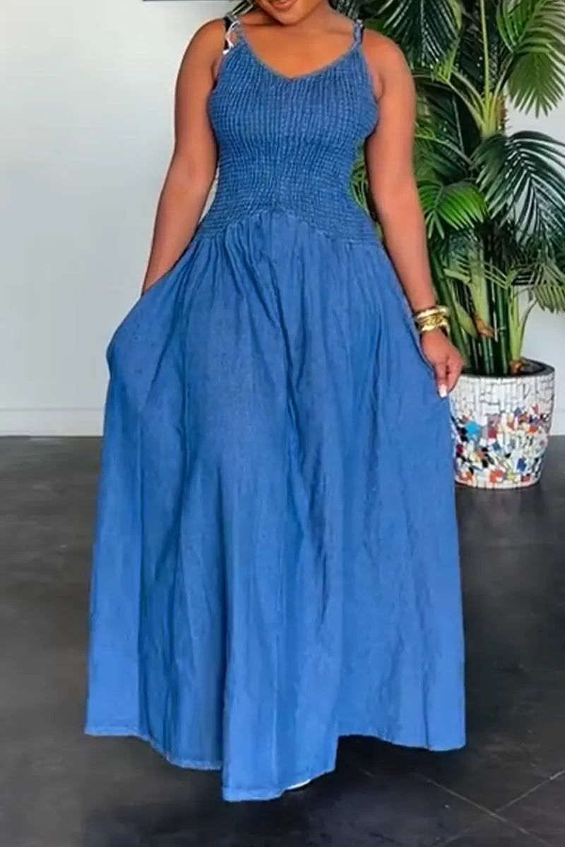 Women Suspender Patchwork Elegant Casual Denim Dress