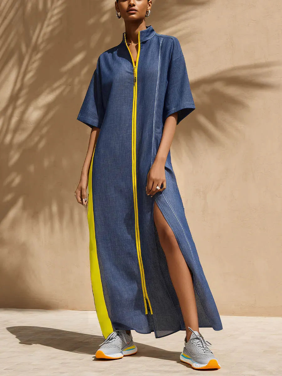 Women's Stand-collar 3/4-sleeve Casual Loose Denim Dress