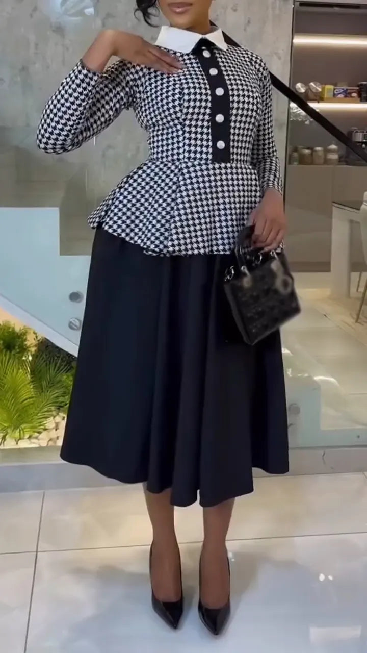 Women Collar Print Patchwork Fake Two Elegant Temperament Dresses