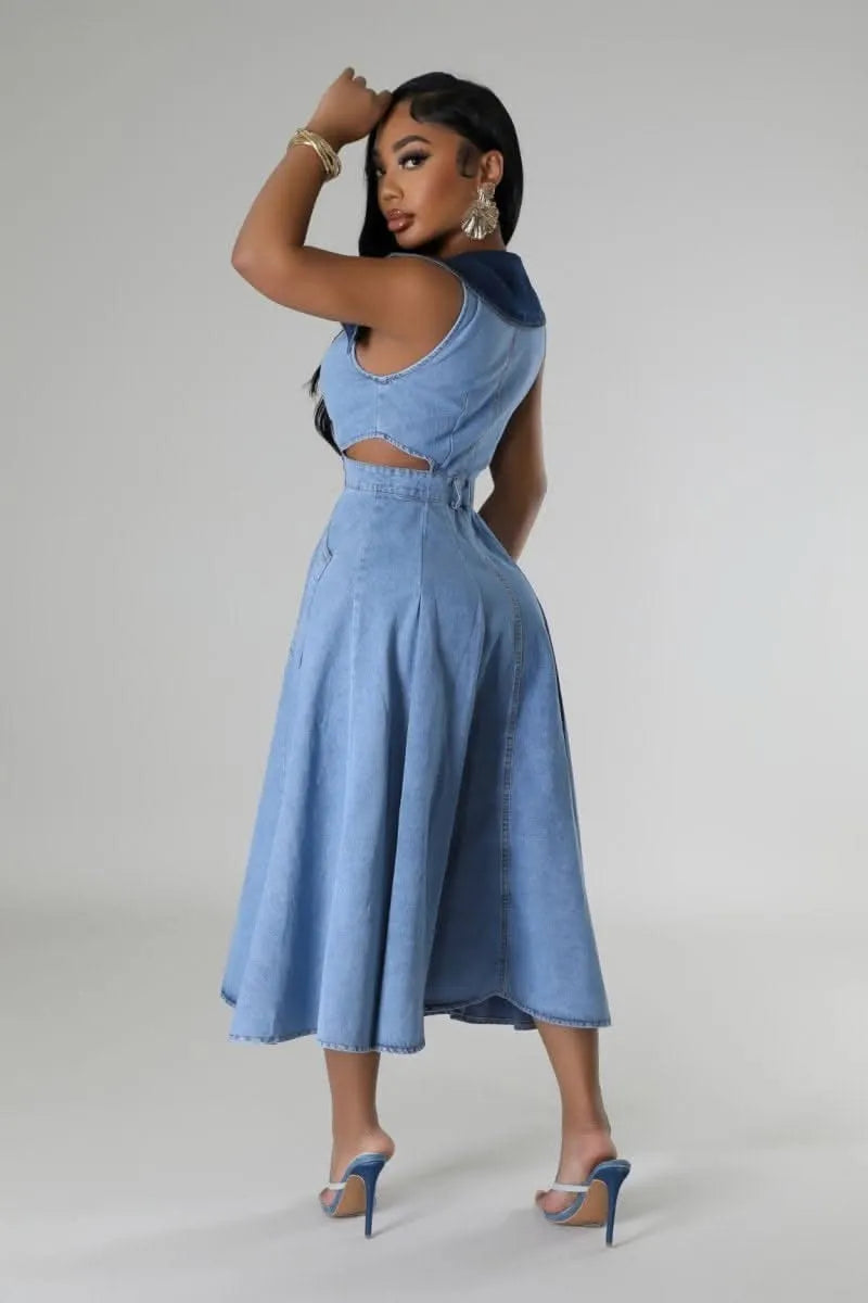 Ladies' Fashionable Casual Lapel Sleeveless Denim Dress