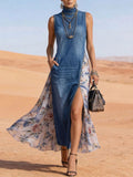 Women's Stand-collar Sleeveless Loose-fit Casual Denim-paneled Dress