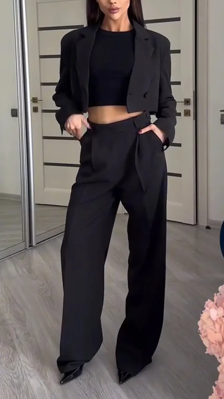 Women Collar Jacket+ Pants Solid Color Temperament Casual Suit