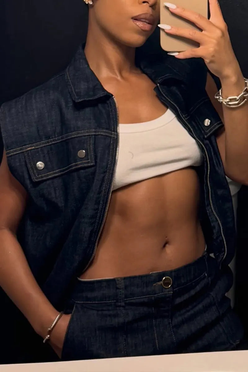 Women's Casual Versatile Wide-Shoulder Denim Vest or Jeans