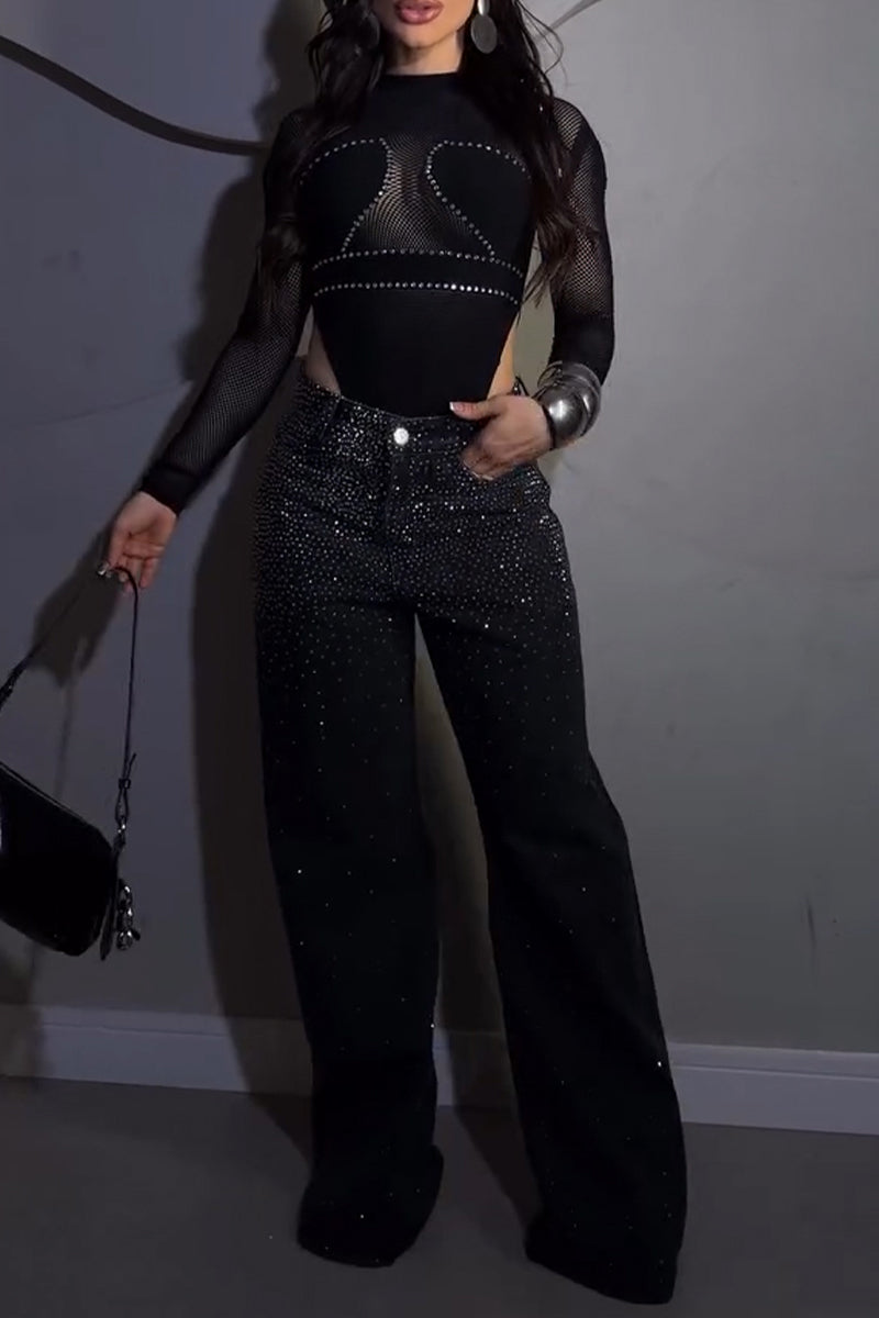 Women's Fashion Mesh Patchwork Rhinestone Bodysuit or Rhinestone Jeans