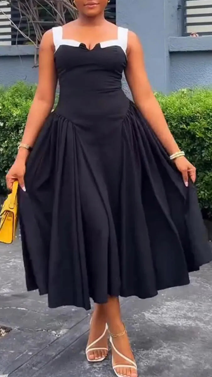 Women Square Neck Sleeveless Patchwork Waist Cinching Elegant Temperament Dress