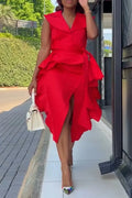 Women's Collar Top+ Spliced Split Skirt Elegant Casual Set