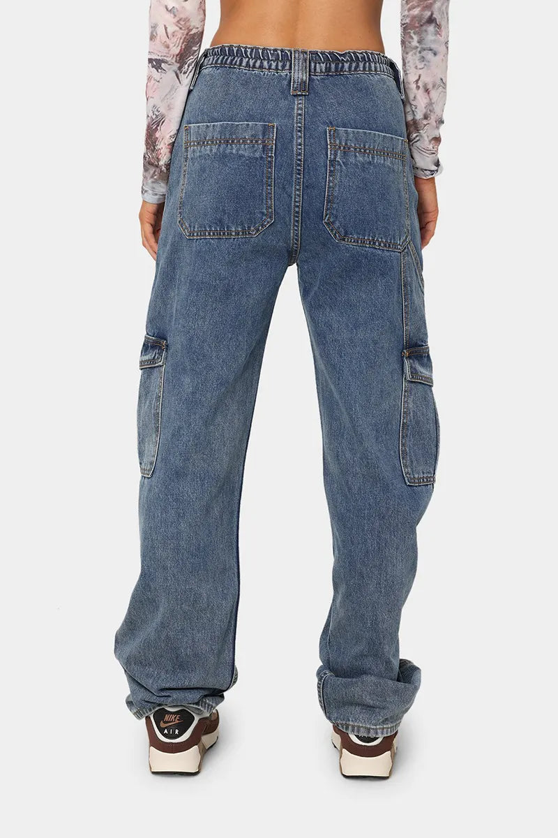 Women's Elastic Waist Wide-Leg Cargo Jeans With Multiple Pockets