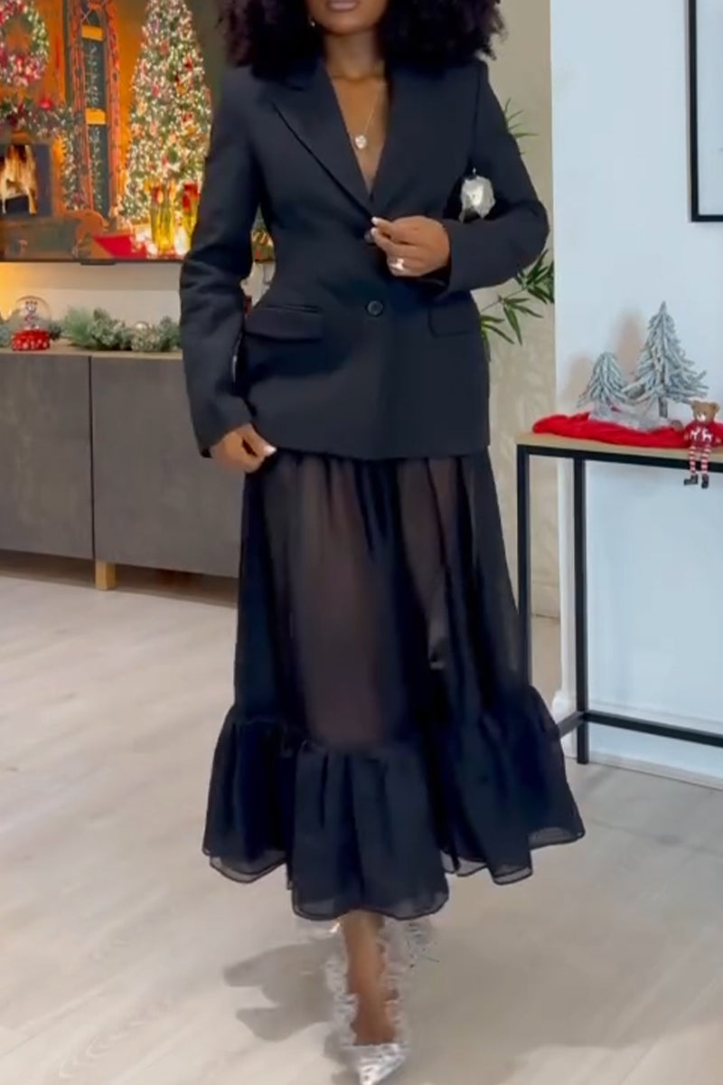Women's Collar Jacket+ Patchwork Half Skirt Temperament Commuting Set