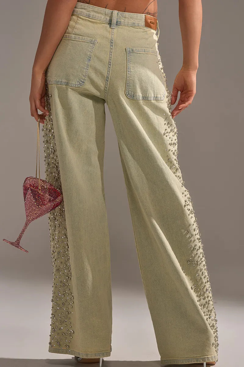 Women's Casual Rhinestone Wide Leg Jeans