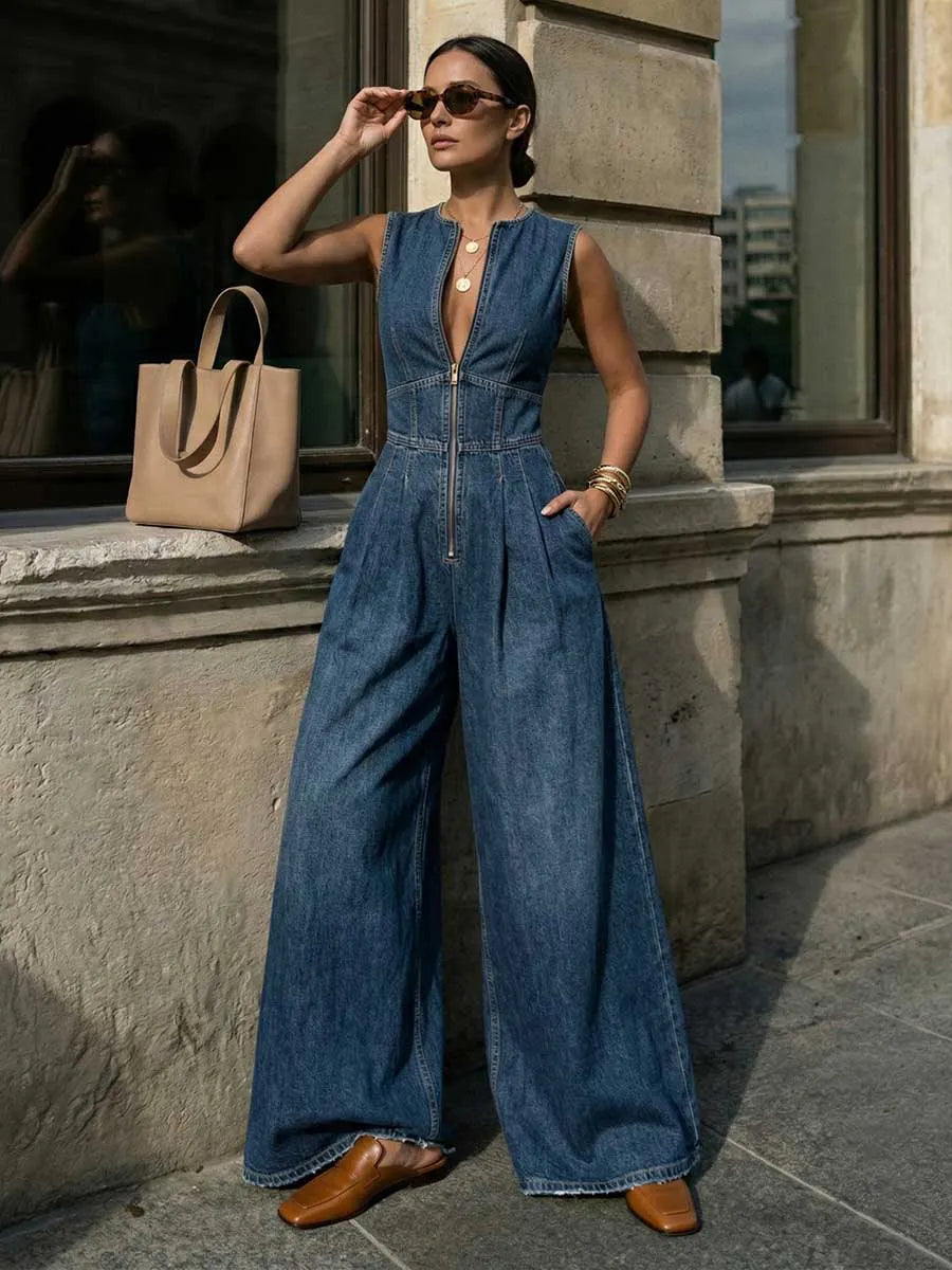 Pleated Pockets Solid Color Zipper High Waisted Sleeveless Round-Neck Jumpsuits