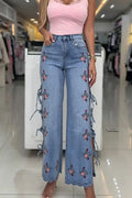 Women High Waisted Embroidered Side Hollow Strap Casual Wide Leg Jeans