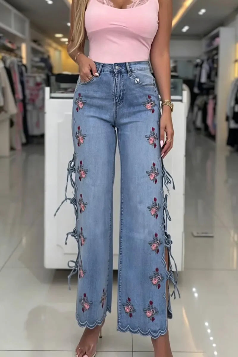 Women High Waisted Embroidered Side Hollow Strap Casual Wide Leg Jeans