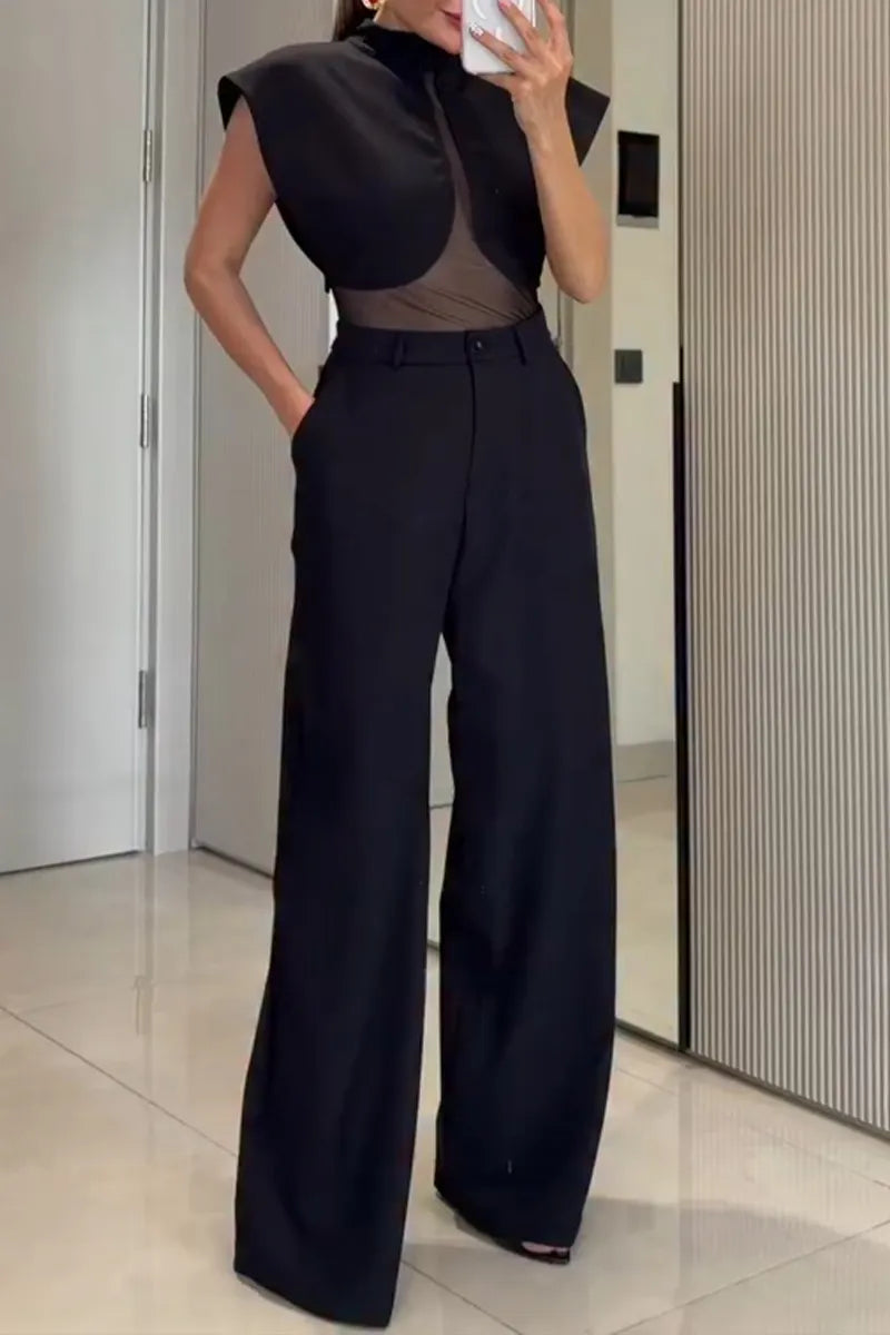 Women's Fashion Mesh Patchwork Wide Shoulder Vest Pants Two-Piece Set
