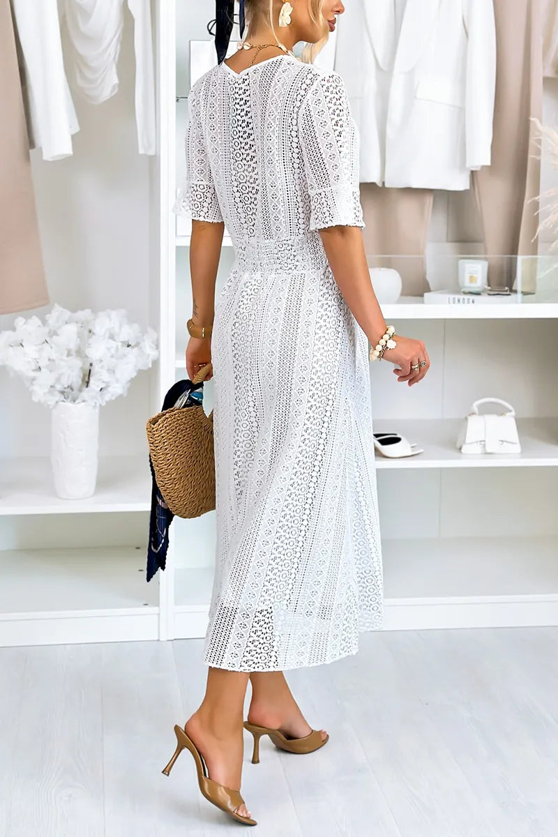 Women's Casual Crewneck Lace Cutout Maxi Dress
