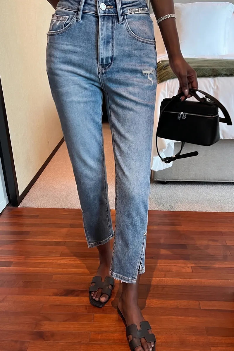 Women's Casual Straight Leg Cropped Jeans With Side Slits