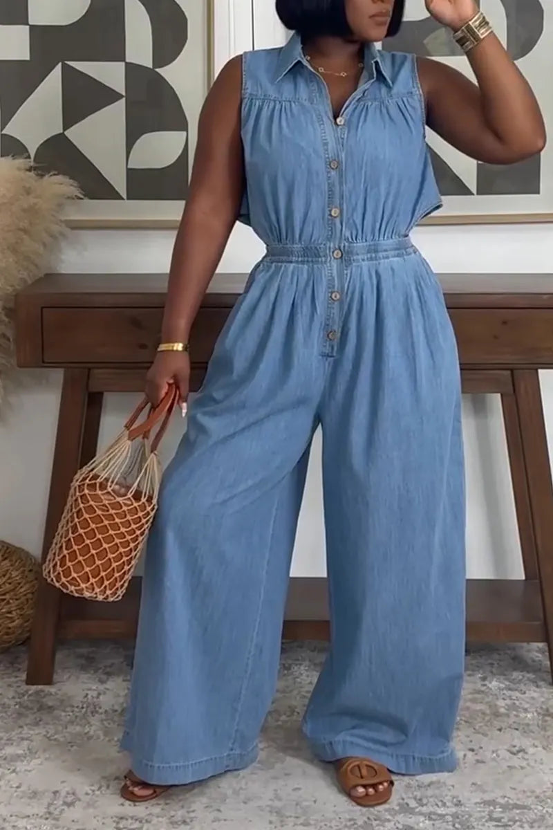 Women's Casual Sleeveless Wide Leg Denim Jumpsuit