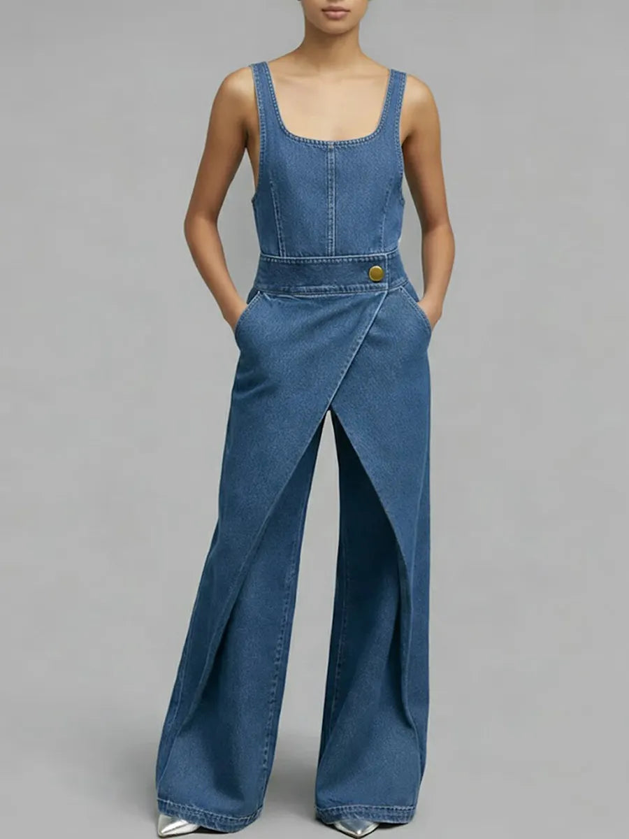 Women's Square-neck Sleeveless Loose-fitting Denim Wide-leg Jumpsuit