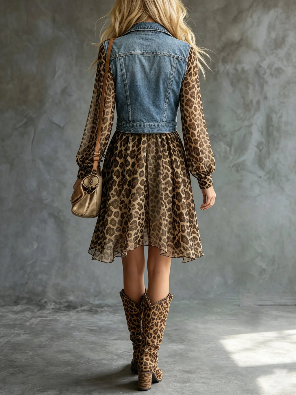 Denim And Leopard Print Patchwork Dress