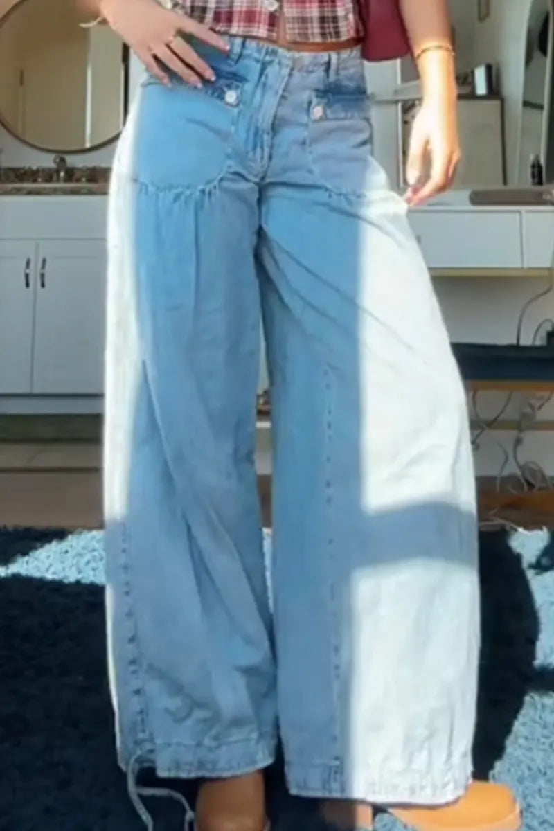 Women's Casual Pleated Wide Leg Denim Pants With Pockets