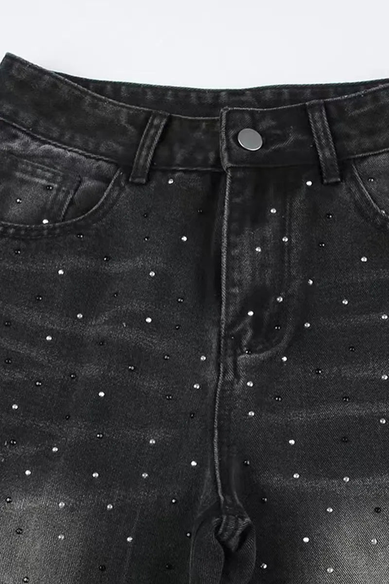 Vintage Hotfix Rhinestone Distressed Low Rise Wide Leg Jeans