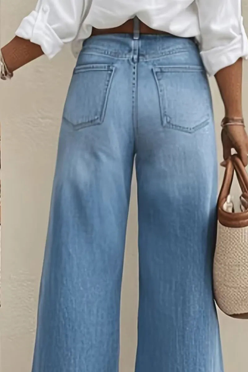 Women Light Blue Washed High Waist Butt Lifting Wide Leg Full Length Denim Jeans