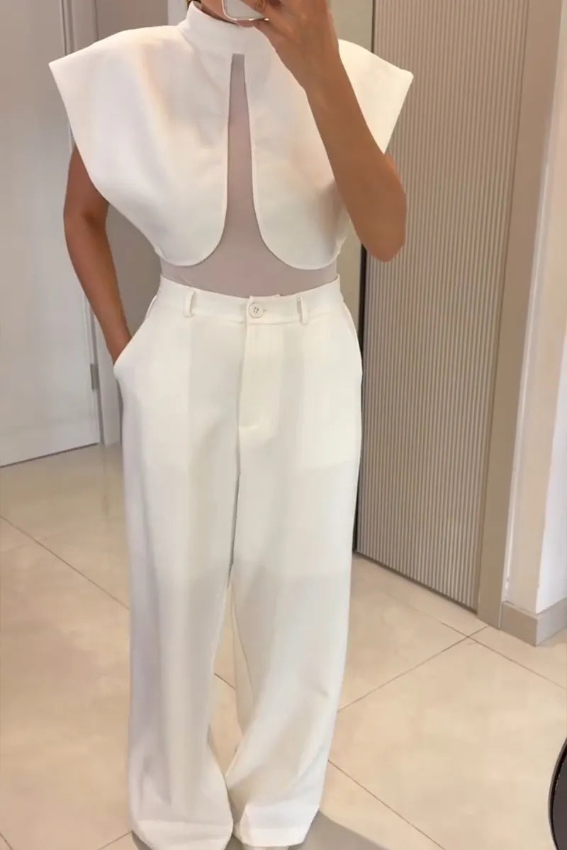 Women's Fashion Mesh Patchwork Wide Shoulder Vest Pants Two-Piece Set