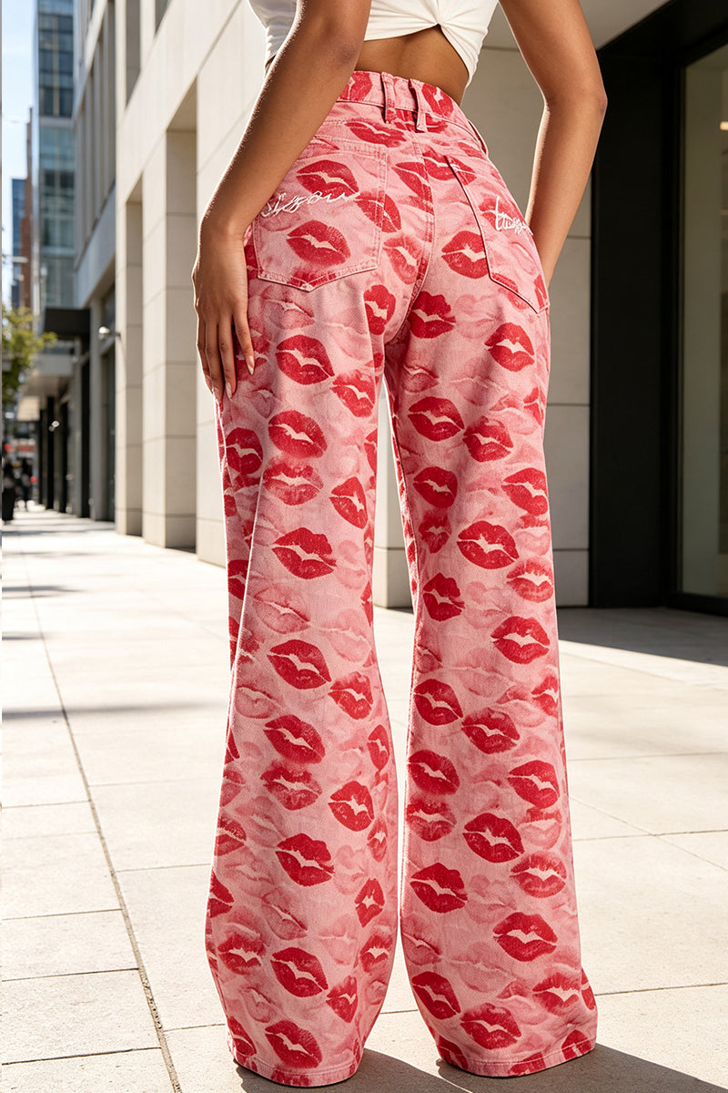 Women's Lip Print Casual Wide Leg Jeans