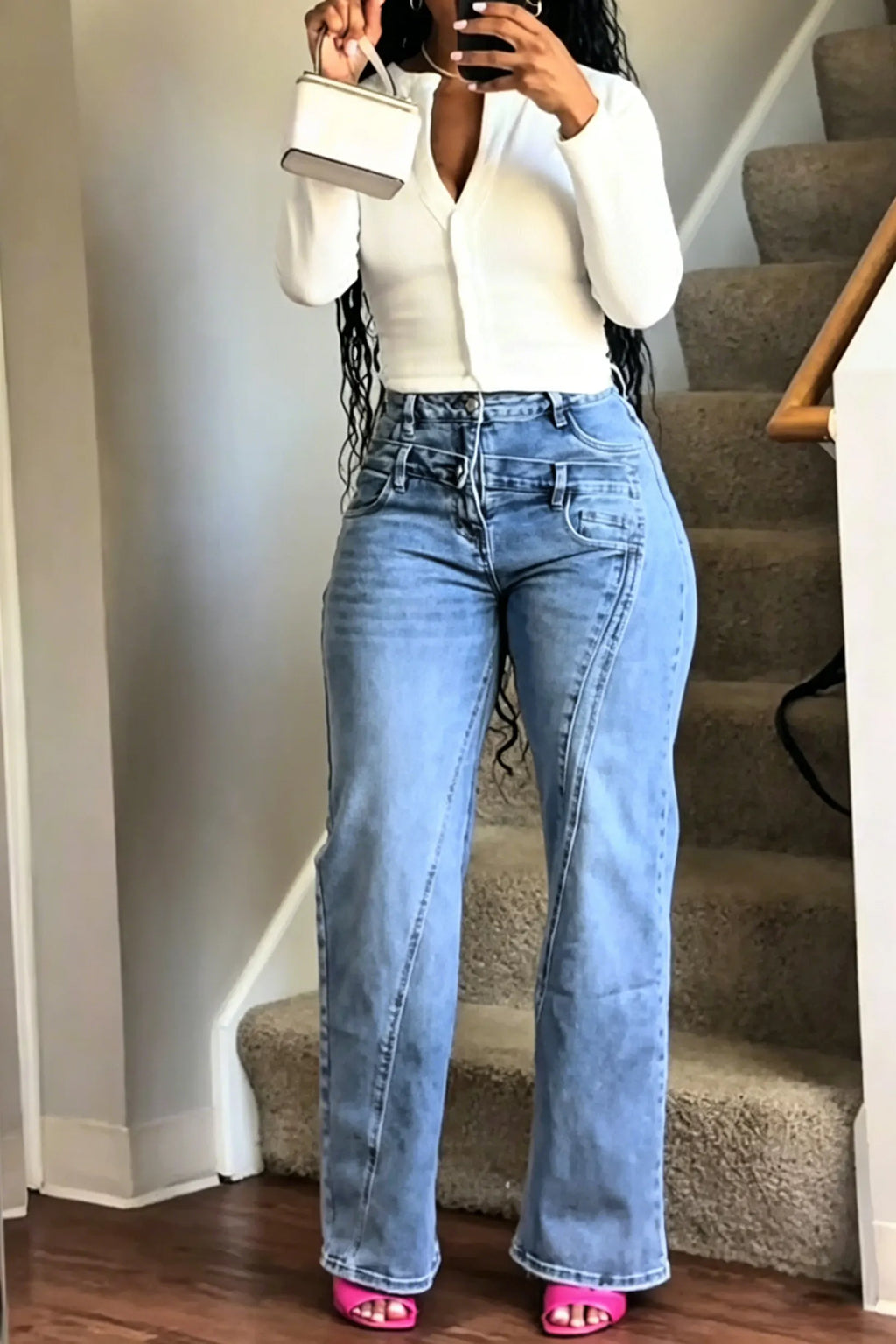 Women's Fashion Double Waist Panel-Design Jeans