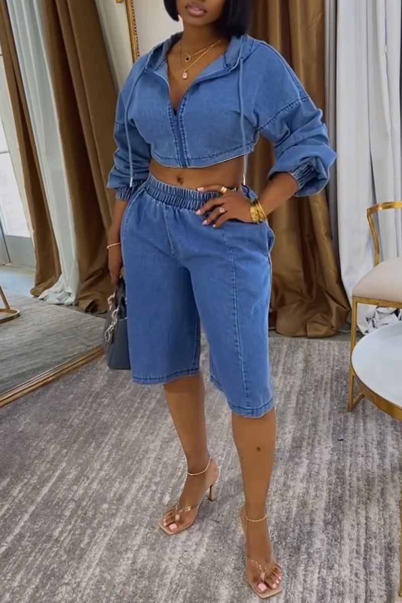 Women's Casual Denim Hooded Jacket or Short Jeans