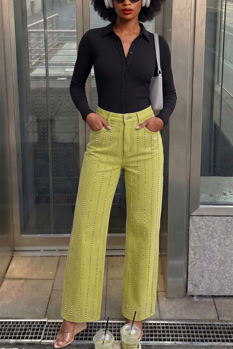 Women's Rhinestone Striped Wide Leg Jeans High Waisted Lime Green Glitzy Denim Pants