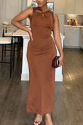 Women Round Neck Sleeveless Solid Color Elegant Temperament Dress