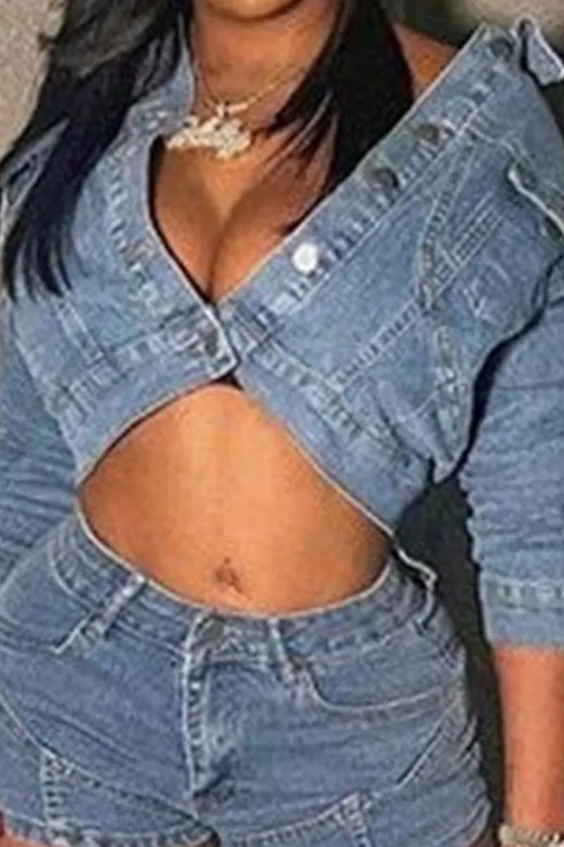 Women's Casual Long Sleeve Denim Jacket Or Casual Short Denim Shorts