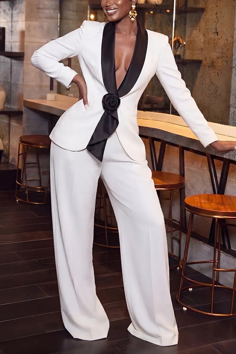 Women's Elegant Color Block Floral Trim Blazer Set