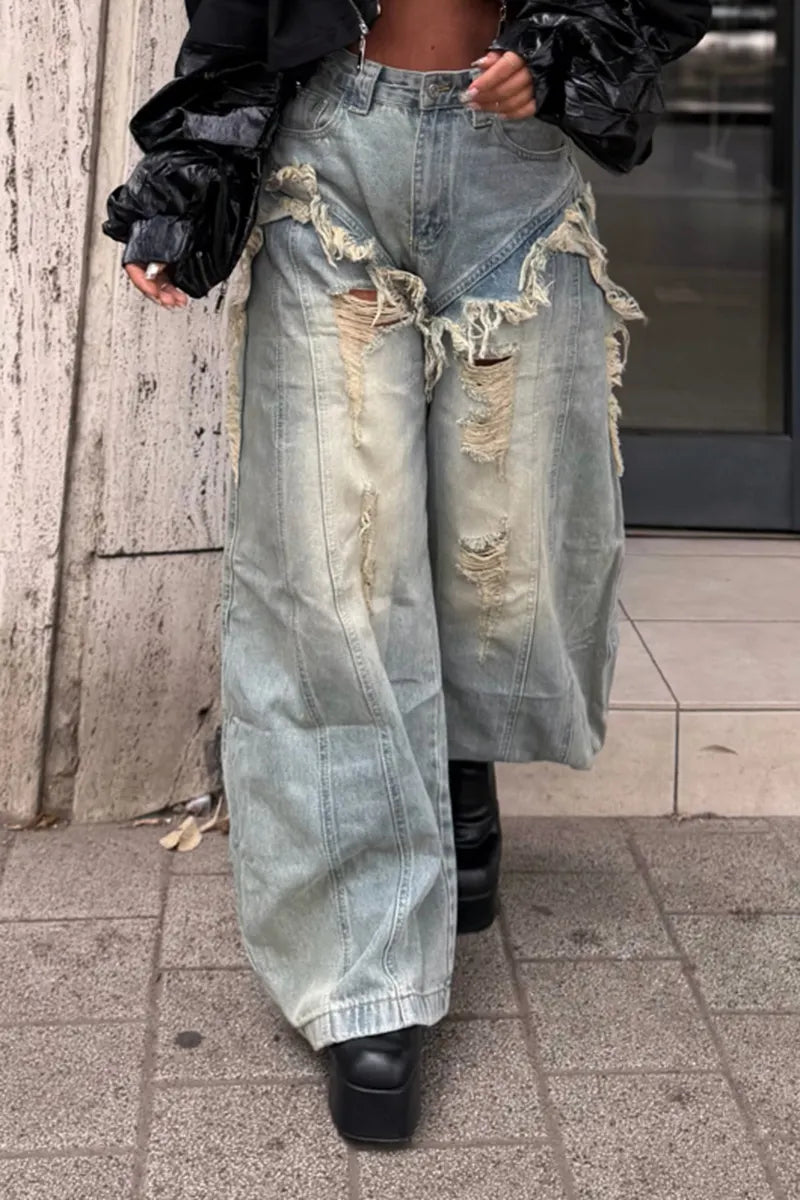Women's Fashion Ripped Wash Faux Two-Piece Wide Leg Jeans
