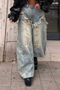 Women's Fashion Ripped Wash Faux Two-Piece Wide Leg Jeans