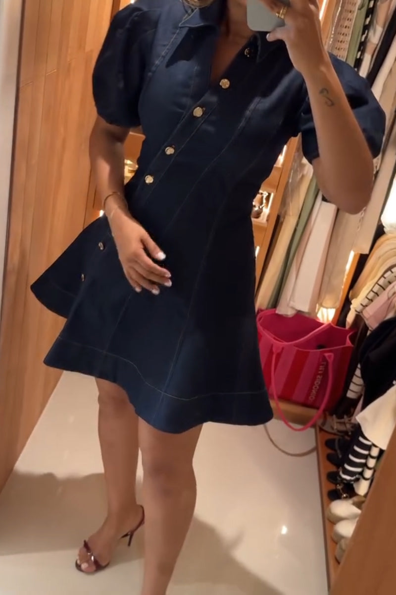 Women's Collar and Buckle Splicing Elegant Casual Denim Dress