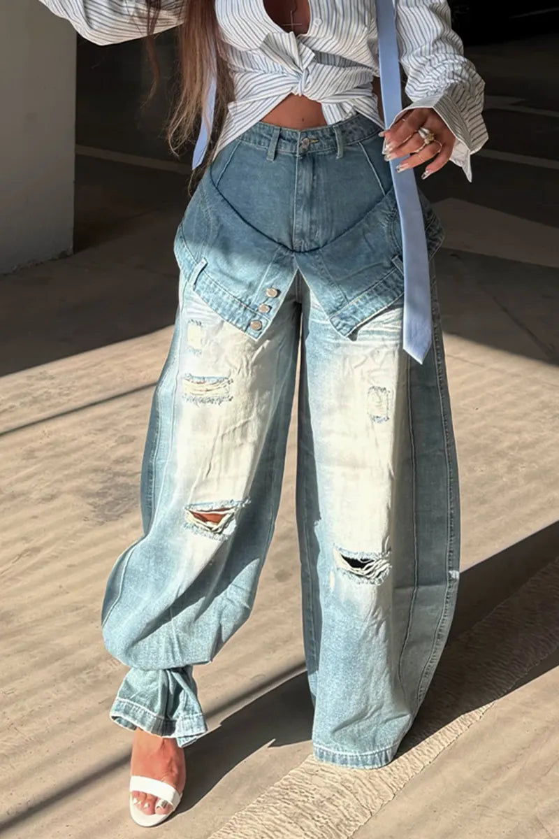Women's Fashion Faux Two-Piece Ripped Wash Wide Leg Jeans