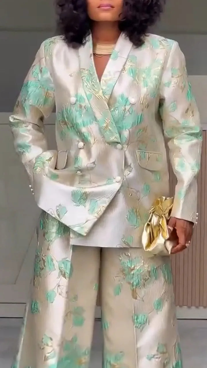 Women Collar Printed Jacket or Printed Wide Leg Pants